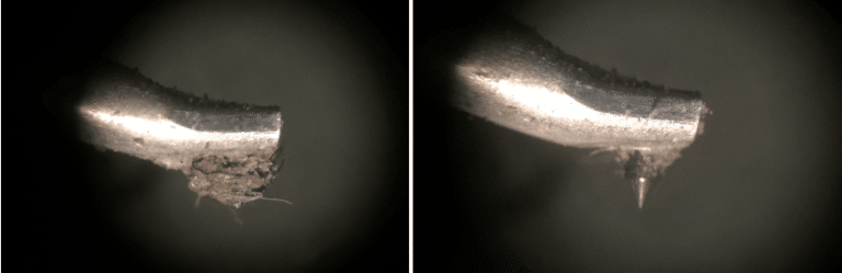 Magnified stylus before and after cleaning