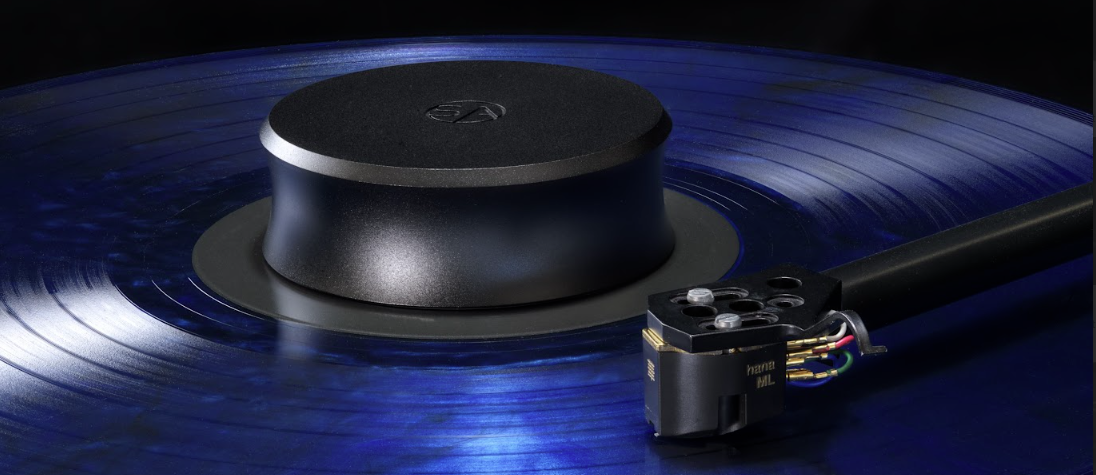 SERENE vinyl record weight stabilizer on turntable platter during playback