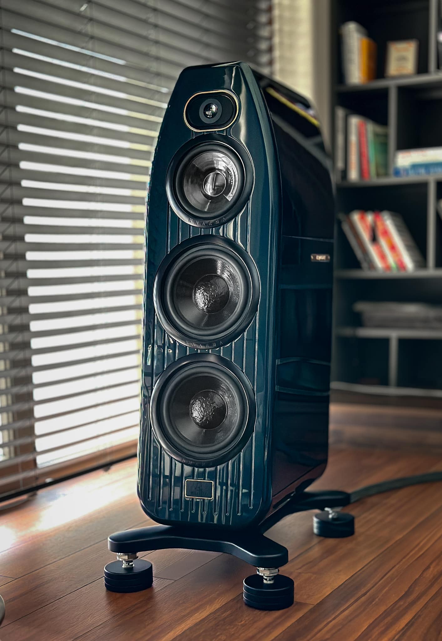 Floorstanding loudspeaker on isolators beside a window